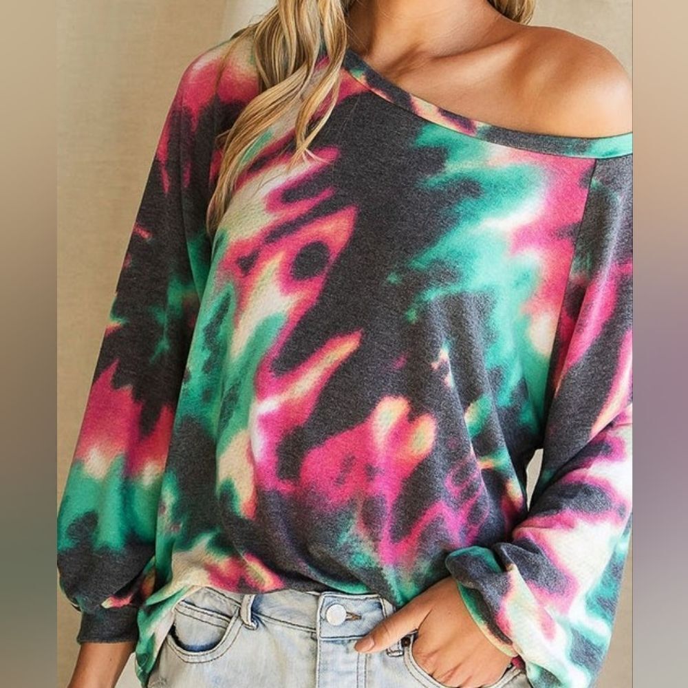 Bibi Dark Tie Dye Print Terry Top With Puff Sleeves Oversized Women's Shirt sz S